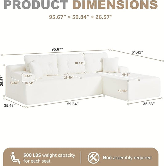 Hobestluk Modular Sectional Sofa Couches L-Shape Couch 3 Seat Modular Sofa Memory Foam Sectional Couches for Living Room, Cloud Couch with Oversized Chaise (White Tufted, 96", Right Hand Facing)