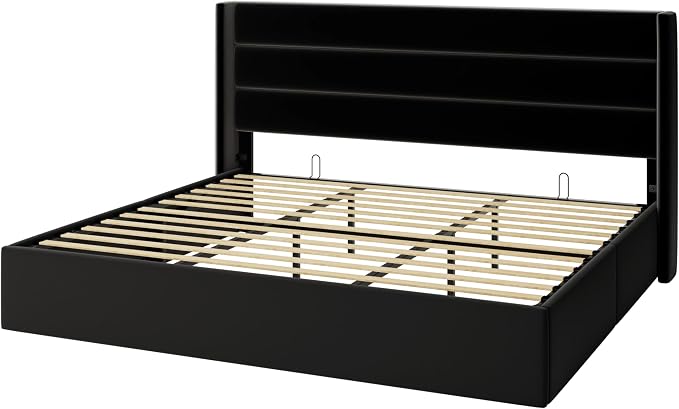 Allewie King Size Velvet Lift Up Storage Bed, Modern Wingback Headboard, Hydraulic Support, No Box Spring Needed, Black