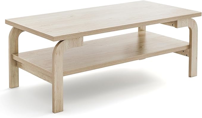Giantex 2-Tier Coffee Table with Storage, 47” Mid Century Rectangle Accent Table with Open Shelf, Large Tabletop & Curved Legs, Rustic Style Wood Cocktail, Center Table for Living Room, Natural