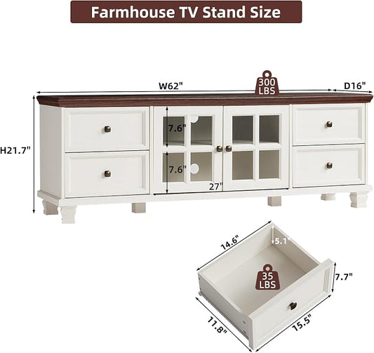 SAVOR LIFE TV Stands for Living Room, Farmhouse Entertainment Center, Rustic Wood TV Stand with Drawers for 75 Inch TV, White