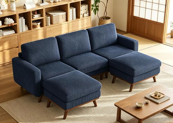 Convertible U-Shaped Corduroy Sectional Sofa, 3-Seater Couch with 2 Ottomans, FSC Solid Wood Frame, Spring Cushions, Blue