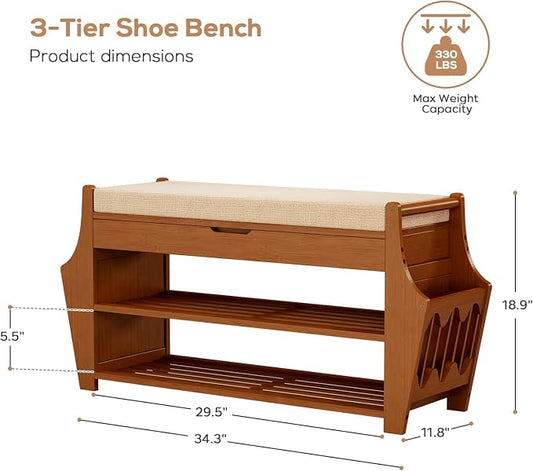 oakvivo 34.3in Shoe Bench, Bamboo 3-Tier Entryway Bench with Storage, Shoe Rack Organizer Holds Up to 330 lb, 34.3 x 11.8 x 18.9 Inches for Entryway Bedroom Closet Living Room Hallway