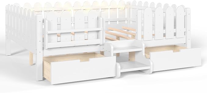 Bellemave Queen Kids Montessori Bed with Stairs, Bookshelf and LED Lights, Solid Wood Kids Bed Frame with Storage Drawers for Boys Girls, Low Profile,White