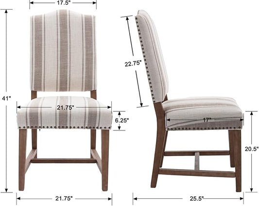 EALSON Farmhouse Dining Chairs Set of 4 Upholstered High Back Padded Parson Chairs with Wood Legs and Nailhead Trim - Linen Brown Stripe