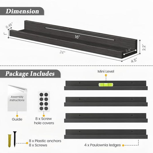 Forbena 24 Inch Floating Picture Ledge Shelf Set of 4 | Solid Wood | Size: W 24" x D 4.5" x H 2.2" | Living Room | Bedroom | Office