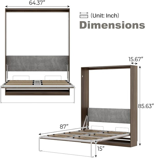 Bobve Farmhouse Murphy Bed Queen, 85" Wall Bed Folds to Save Space, Concealed Bed Frame with 2 Storage Cabinets and Wall Mounted Features for Apartment/Office/Guest Room