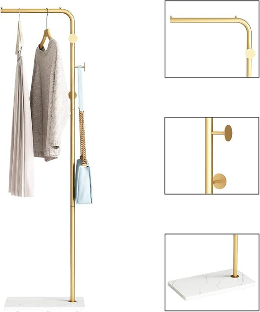 DOORXIFO Gold Coat Rack with White Base, Freestanding Entryway Rack with 3 Hooks, L Shape Home Coat Hanger for Jackets, Hats, Clothes