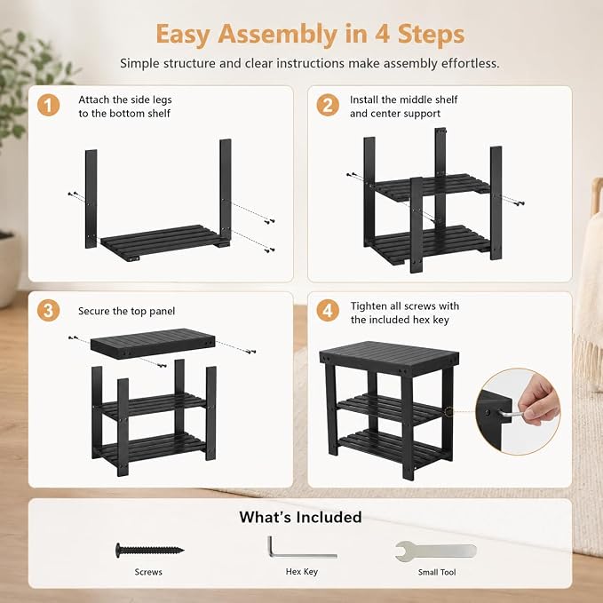 Shoe Rack Bench, 3-Tier Shoe Storage Organizer for Entryway , Shoe Shelf for Small Spaces, Multi-Functional Side Table Plant Stand, Shoe Stand for Bedroom, Living Room, Closet, Front Door, Black