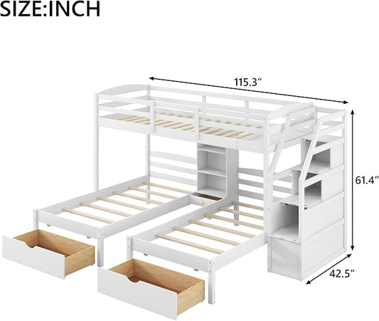 VilroCaz Twin Size Triple Bunk Bed with Drawers and Staircase, Solid Wood Bunk Bed Frame with Safety Full-Length Guardrail and Built-in Shelves, 3 Beds in 1 for Kids Teens Adults