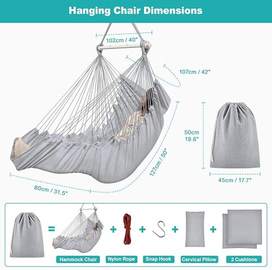 Outerman Hammock Chair, Hanging Chair with 3 Cushions and Foot Rest Support, Durable Metal Spreader Bar Max 440 Lbs, Swing Chair for Bedroom, Indoor & Outdoor, Patio, Porch or Tree(Gray)
