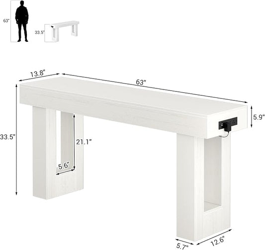 Unikito 63'' Farmhouse Console Table with Power Outlets and Sensor Light, Wooden Entryway Table with Storage, Rectangular Sofa Tables Behind The Couch for Entrance, Hallway, Living Room, Antique White