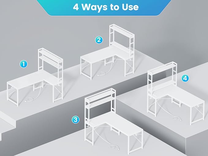 SEDETA White Corner Desk, Reversible 45.3” Small Computer Desk with Power Outlet and LED Lights, Corner Computer Desk with Hutch, Storage Shelves and Hooks for Small Space