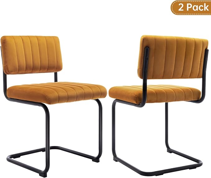 ONEVOG Velvet Dining Chairs Set of 2, Upholstered Kitchen Dining Room Chair, Comfy Chair with Black Metal Legs, Cantilevered Design Chair for Bedroom, Living Room (Orange)