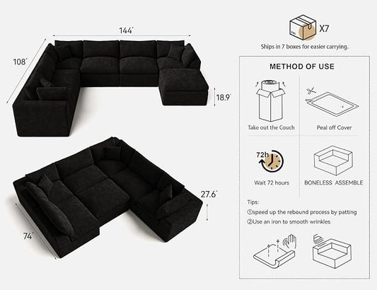 Cloud Sectional Couches for Living Room | 7 Seater U-Shaped Boneless Couch with Ottoman | Black Modular Sectionals Sofa Couch