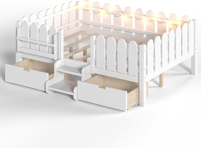 Bellemave Full Size Montessori Bed with Stairs, Lights, Rails and Slats, Full Size Montessori Floor Bed with Bookshelf and 2 Storage Drawers, Easy Assemble Beds Frame for Girls, Boys, White