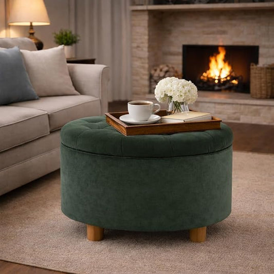 HomePop Home Decor | Large Button Tufted Velvet Round Storage Ottoman | Ottoman with Storage for Living Room & Bedroom, Loden Green Velvet, 28"