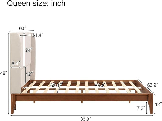 Merax Queen Size Bamboo Platform Bed, Mid-Century Bed Frame with Tall Upholstered Headboard, Wood Slat Support, No Box Spring Needed, Easy Tool-Free Assembly, Beige+Brown