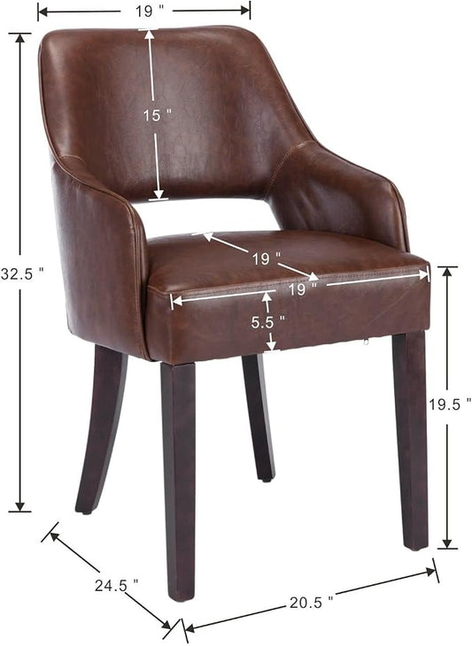 Faux Leather Upholstered Dining Chairs Set of 6 with Arms | Brown faux leather upholstery, solid wood legs, curved open back, padded seat, easy-care surface, dining room, kitchen