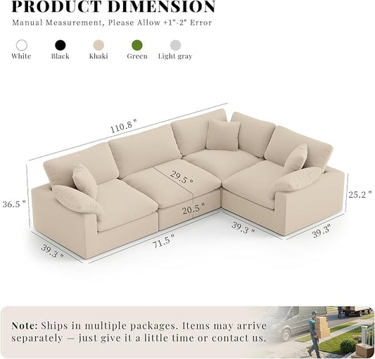 Modular Sectional Sofa,4 Seater Cloud Couch,Down Filled Comfy Cloud Modern Sofa,Khaki Linen Oversized Couch Cushion Covers Removable for Living Room