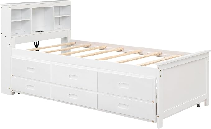 Merax Twin Size Platform Bed with Storage Headboard, USB, Wood Bedframe with Twin Size Trundle and 3 Drawers, White