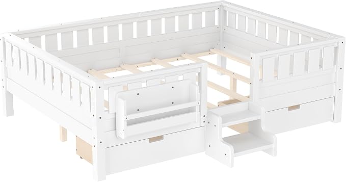 Bellemave Queen Size Kids Bed with high Rails and with Built-in Bookshelf and Drawers for Kids, Girls, Boys, Wood Montessori Bed Without Door, White