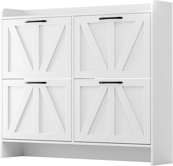 MU Shoe Storage Cabinet with 4 Flip Drawers, Freestanding Shoe Cabinet, Slim Shoe Organizer with Wood Legs for Entryway, White