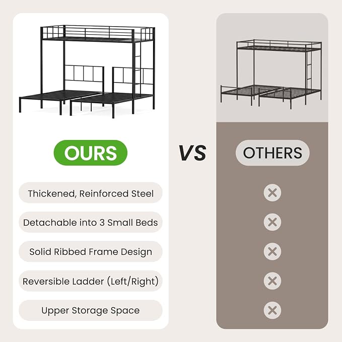Mixcous Triple Bunk Bed Twin XL Over Twin & Twin, Heavy Duty Metal Bed Convertible to 3 Beds for Teens & Adults, Bunk Bed Frame with Adjustable Ladder, Noise-Free, Ideal for Space-Saving Needs, Black | Converts to 3 beds