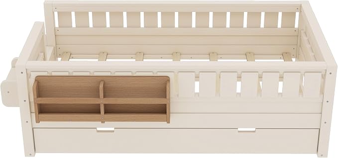 Bellemave Twin Size Kids Bed with high Rails and with Built-in Bookshelf and Trundle for Kids, Girls, Boys, Wood Montessori Bed Without Door, Beige