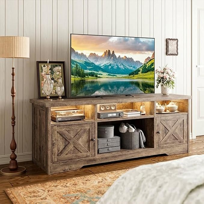 Casaottima TV Stand for 65 Inch TV, Farmhouse Entertainment Center with Power Outlet & LED Light and Storage Cabinets, Console Table and Media Furniture for Living Room Bedroom, Gray Oak