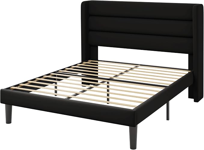 Allewie Full Size Platform Bed Frame with Velvet Upholstered Wingback Headboard, No Box Spring Needed, Under Bed Storage Space, Strong Wooden Slats, Modern Mattress Foundation, Easy Assembly, Black