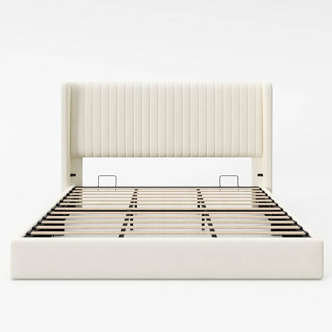 Allewie King Size Lift Up Storage Bed Frame, Hydraulic Support System, Upholstered Platform Bed Frame, Underneath Storage, Vertical Channel Tufted Headboard with Wingback, No Box Spring Needed, Cream