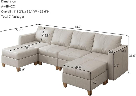 EASE MOOSE Modular Sectional Sofa with Storage, Faux Leather Sectional, Leather Couches for Living Room,Whitesand