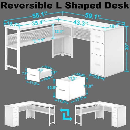 LVB Reversible L Shaped Desk with Drawers, White Computer Desk with Storage | 59" Adjustable Modern Executive Office Desks, Adjustable Corner Design for Gaming Spaces and Home Workstations