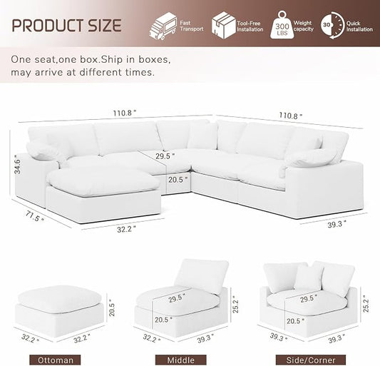 Cloud Modular Sectional Sofa,221.6" Down Filled Sofa 5 Seat with Chaise,Minimalist Sofa Cover Washable and Replaceable Couches for Living Room,Sectional Sofa Deep Seat