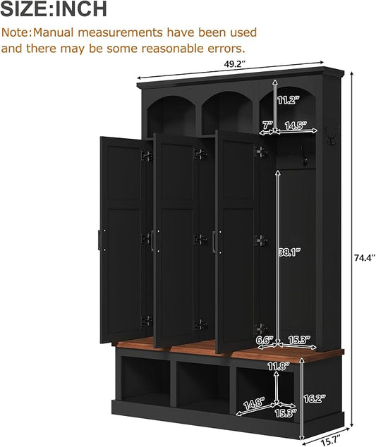 Merax Classic Arched Hall Tree with 3 Hidden Storage, Farmhouse Mudroom Bench with 5 Hooks, Mid-Century Entryway Organizer for Shoes, Black