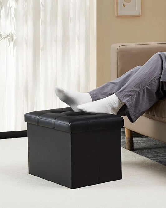 Bsketa 2PC Storage Ottoman, Folding Foot Stool with Thicker Foam Padded Seat Small Leather Storage Ottoman Bench Foot Rest for Living Room Foldable Coffee Table 17x13x13in,Black