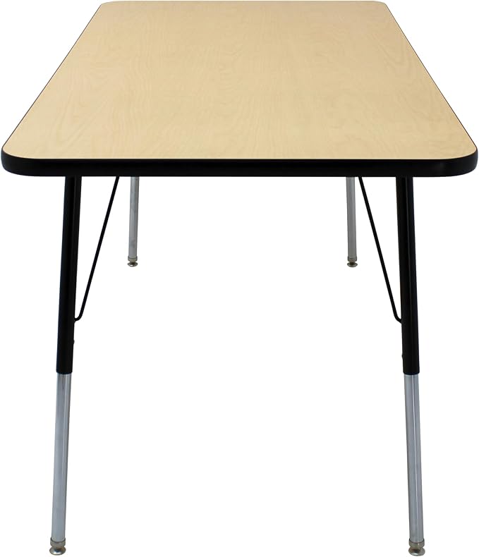 FDP Rectangle Activity School and Office Table (30 x 60 inch), Standard Legs with Swivel Glides, Adjustable Height 19-30 inches; Quick Ship Single Box - Maple Top and Black Edge