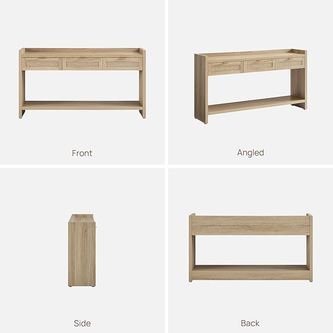 SICOTAS Rattan Console Table Set of 2 - Large Boho TV Console Entry Table with 3 Storage Drawers, 60" Long Sofa Table Behind Couch for Living Room, Hallway, Foyer, Entryway
