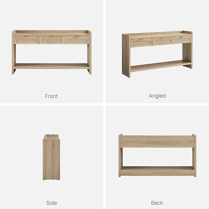 SICOTAS Rattan Console Table for Entryway - Large Boho TV Console Table Entry Table with 3 Storage Drawers, 60" Long Sofa Table Behind Couch for Living Room, Hallway, Foyer