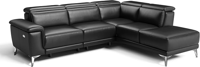 Valencia Pista Leather Reclining Sectional Sofa with Right Hand Chaise - Italian Nappa 11000 Top Grain Leather Couch - Power Reclining Seat with Leggett Adjustable Headrests - Black