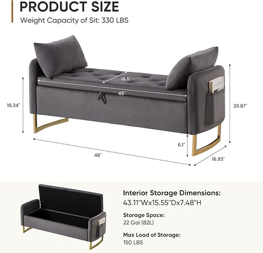48" End of Bed Bench, Modern Storage Benches with Button-Tufted, Velvet Upholstered Storage Ottoman Bench for Foot of Bed with Arms, Gold Legs Window and Entryway, Dark Grey