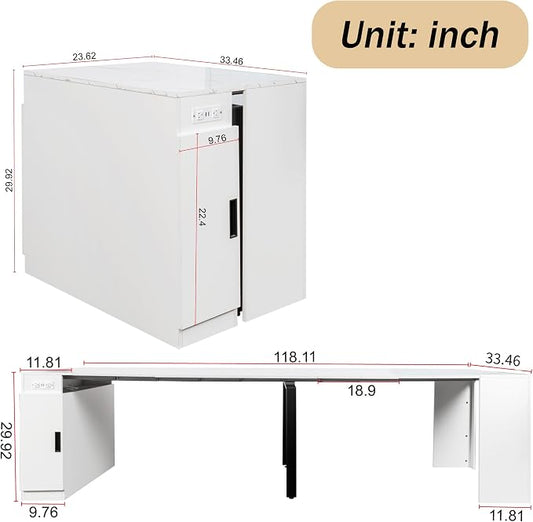 Expandable Transformer Dining Table, Folding Console Table with Built-in Outlet & Hidden Storage, Space Saving Furniture for Dining Room, White