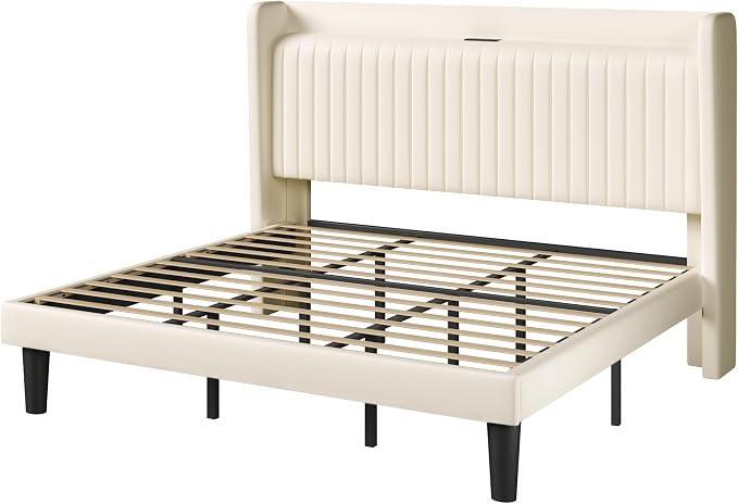 Allewie King Size Platform Bed Frame with USB Charging Station and Storage Shelf/Upholstered Velvet Wingback Headboard/Wooden Slats Support/No Box Spring Needed/Easy Assembly, Cream