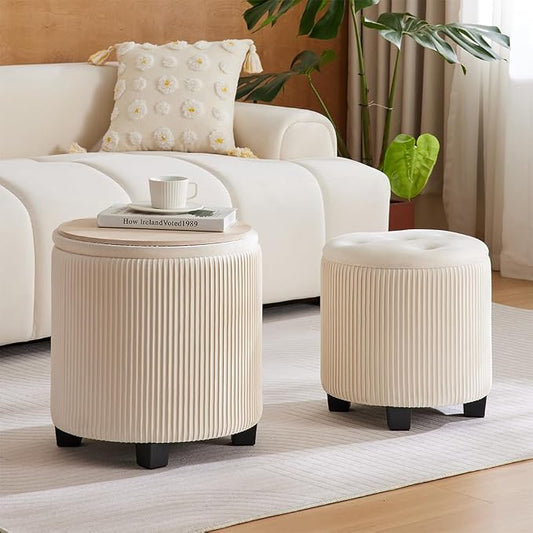 BLEXA Big Round Ottoman with Storage Set of 2, Upholstered Velvet Vanity Stool for Makeup Multifunctional Foot Rest Coffee Table Padded Seat Tufted Ottomans for Living Room&Bedroom (Large White)