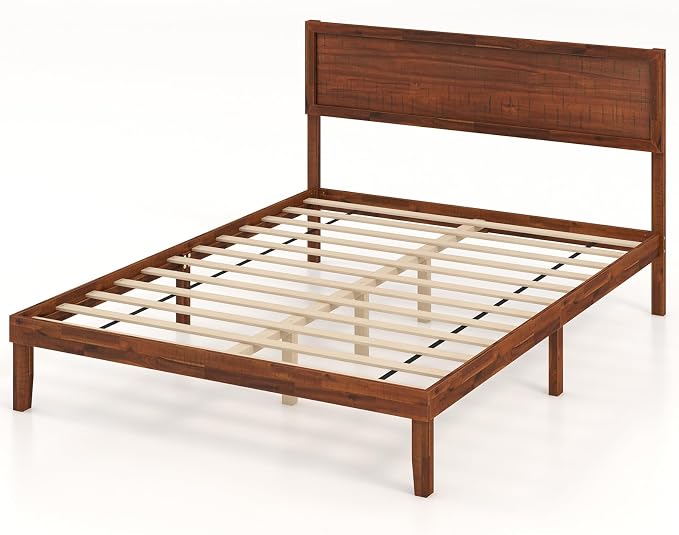KOMFOTT Queen Size Wood Bed Frame with Headboard, Solid Acacia Wood Platform Bed Frame, Wooden Slats Supported Bed Base with Under-Bed Storage Space, No Box Spring Needed, Wood Queen Bed (Brown,Queen)