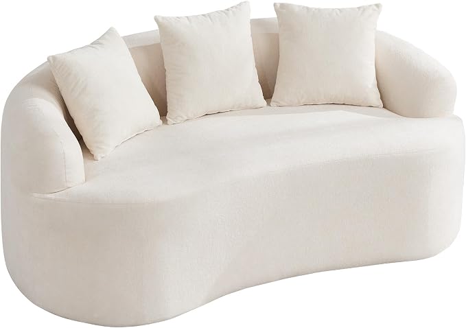 65" Boneless Curved Loveseat Sofa, Modern Deep Seat Love Seat Couches, 2 Seater Curved Couch with 3 Throw Pillows, Compressed Floor Sofa for Living Room Small Spaces, No Assembly, Beige
