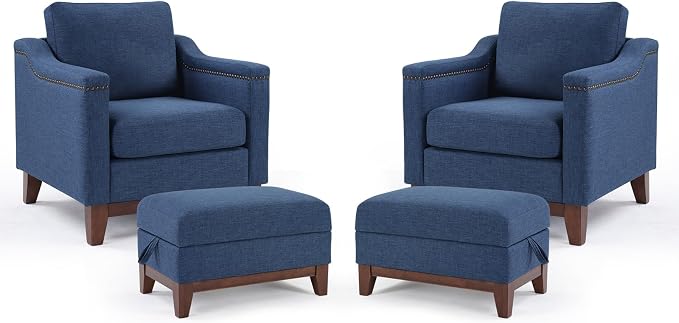 HAOMARKETS 4 Piece Fabric Sofa Set with Nailhead Trim, Included 2 Comfy Accent Chair with Thicked Cushion and 2 Upholstered Storage Ottoman with Flip-Top Table, Living Room Furniture Set,Blue