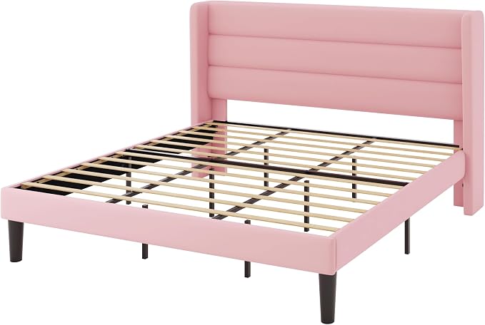 Allewie King Size Platform Bed Frame with Velvet Upholstered Wingback Headboard, No Box Spring Needed, Under Bed Storage Space, Strong Wooden Slats, Modern Mattress Foundation, Easy Assembly, Pink
