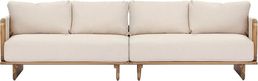 Merax Acacia Wood Outdoor Patio 105 Inch Loveseat Sofa with Cushions, Large 4-Seater Sofa Daybed for Backyard, Lawn, Deck, Balcony, Water Repellent Fabric, 400 lbs Capacity, Light Teak +Beige