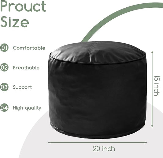 HIGOGOGO Round Stuffed Pouf Ottoman, Pu Leather Poufs with Foam Chunk Filling, Furry and Fluffy Pouf Foot Stool Storage Ottoman, 20 X 15 Floor Poufs Foot Rest for Living Room, Black